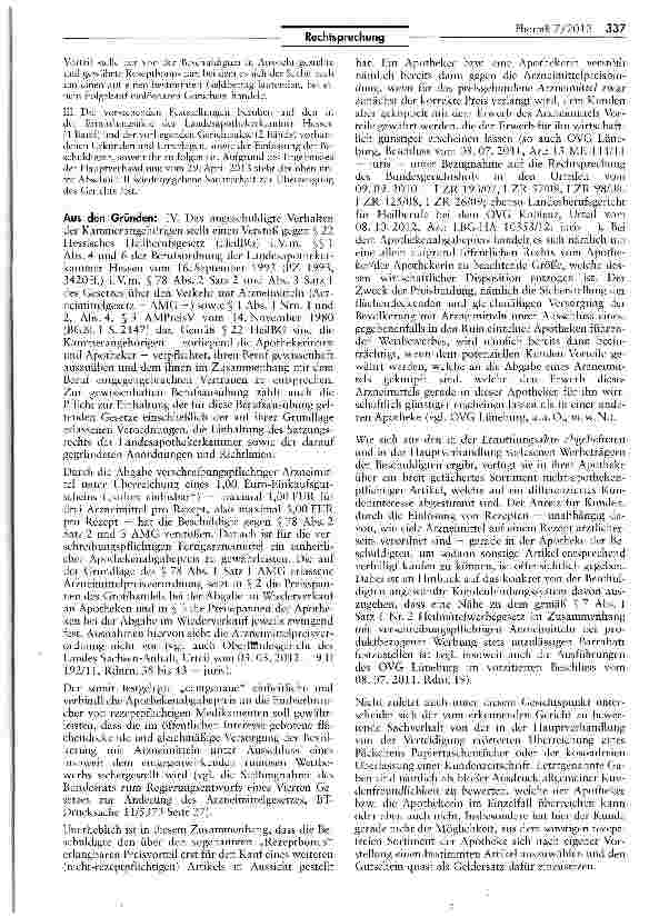 Vorschauseite 3: Rabattgewährung bei der Rezepteinlösung von verschreibungspflichtigen Medikamenten stellt Verstoß gegen die Vorschriften der Arzneimittelpreisbindung dar