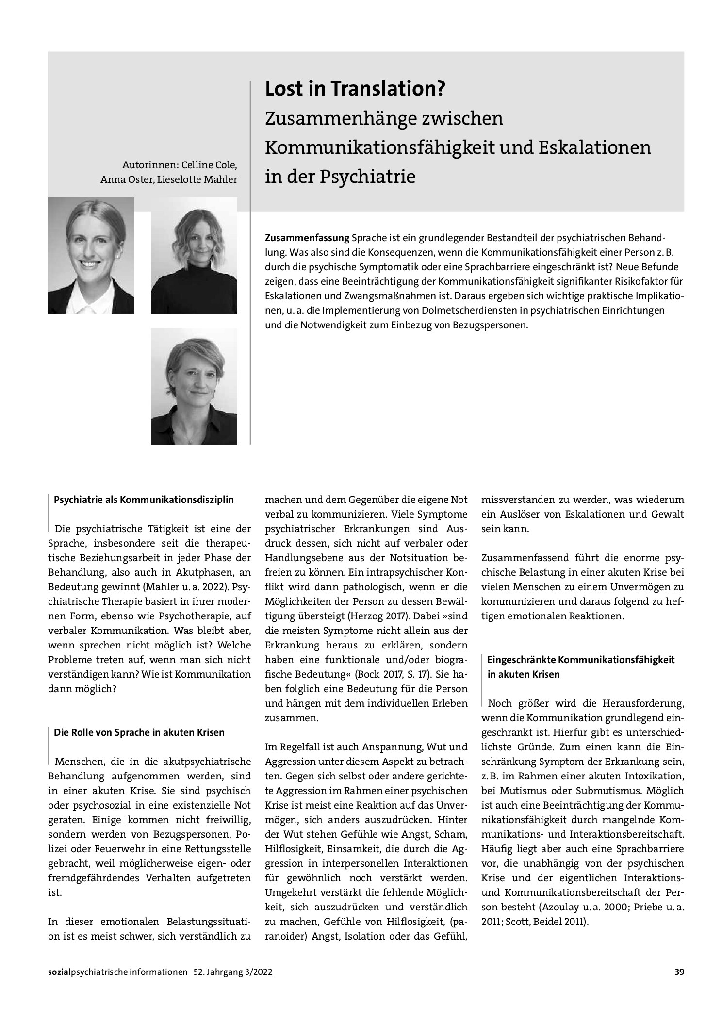 Vorschauseite 1: Lost in Translation? Zusammenhänge zwischen Kommunikationsfähigkeit und Eskalationen in der Psychiatrie
