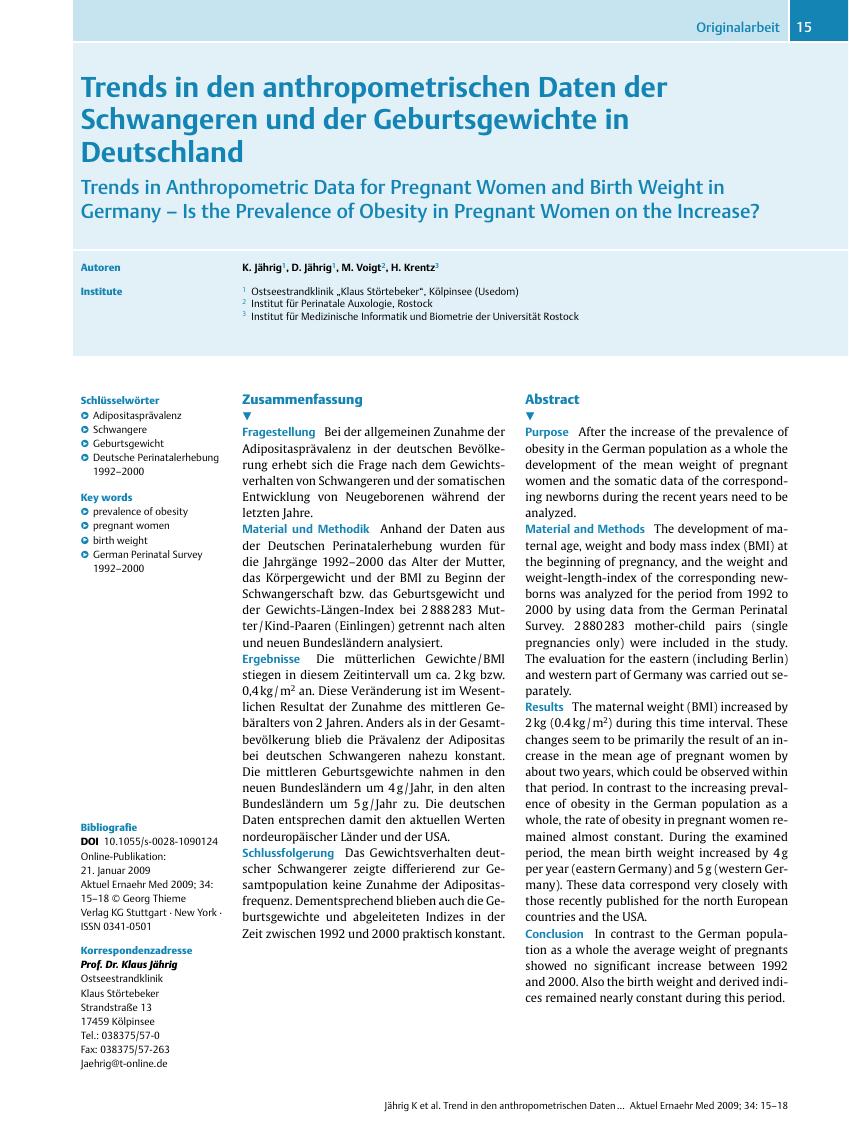 Vorschauseite 1: Trends in den anthropometrischen Daten der Schwangeren und der Geburtsgewichte in Deutschland