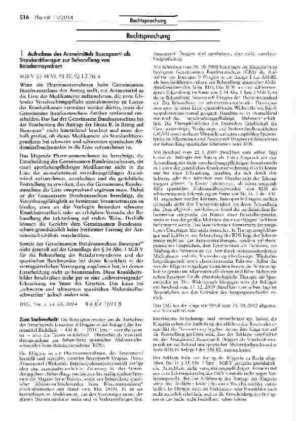 Vorschauseite 1: Aufnahme des Arzneimittels Buscopan® als Standardtherapie zur Behandlung von Reizdarmsyndrom SGB V §§ 34 VI, 91 IV, 92 I 2 Nr. 6