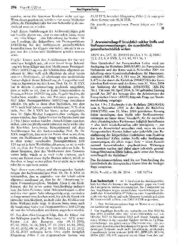 Vorschauseite 1: Arzneimittelbegriff hinsichtlich solcher Stoffe und Stoffzusammensetzungen, die ausschließlich gesundheitsschädlich wirkenAEUV Art. 267; RL 2001/83 EG Art. 1 Nr. 2; AMG SS 2, 2 I,…