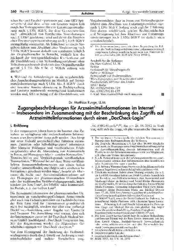 Vorschauseite 1: Zugangsbeschränkungen für Arzneimittelinformationen im Internet — Insbesondere im Zusammenhang mit der Beschränkung des Zugriffs auf Arzneimittelinformationen durch einen „DocChec…