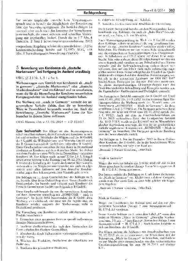 Vorschauseite 1: Bewerbung von Kondomen als „deutsche Markenware bei Fertigung im Ausland unzulässigUWG $$2INt 1, 5 12 Nr. 1.
