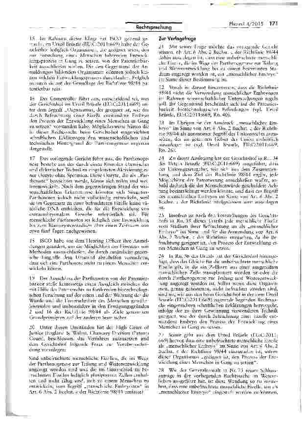 Vorschauseite 3: Rechtlicher Schurz biotechnologischer Erfindungen - Ausschluss der Verwendung von menschlichen Embryonen zu industriellen oder kommerziellen Zwecken