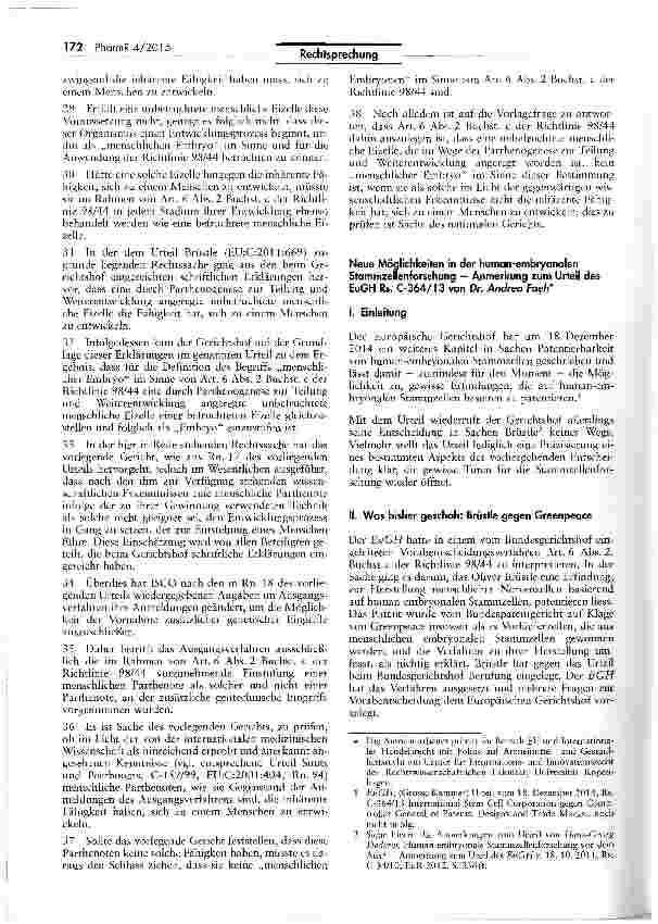 Vorschauseite 4: Rechtlicher Schurz biotechnologischer Erfindungen - Ausschluss der Verwendung von menschlichen Embryonen zu industriellen oder kommerziellen Zwecken