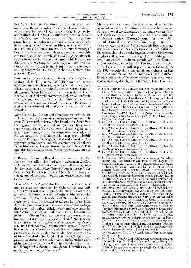 Vorschauseite 5: Rechtlicher Schurz biotechnologischer Erfindungen - Ausschluss der Verwendung von menschlichen Embryonen zu industriellen oder kommerziellen Zwecken