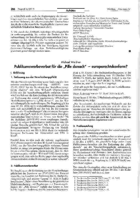 Vorschauseite 1: Publikumswerbeverbot für die „Pille danach - europarechtskonform?