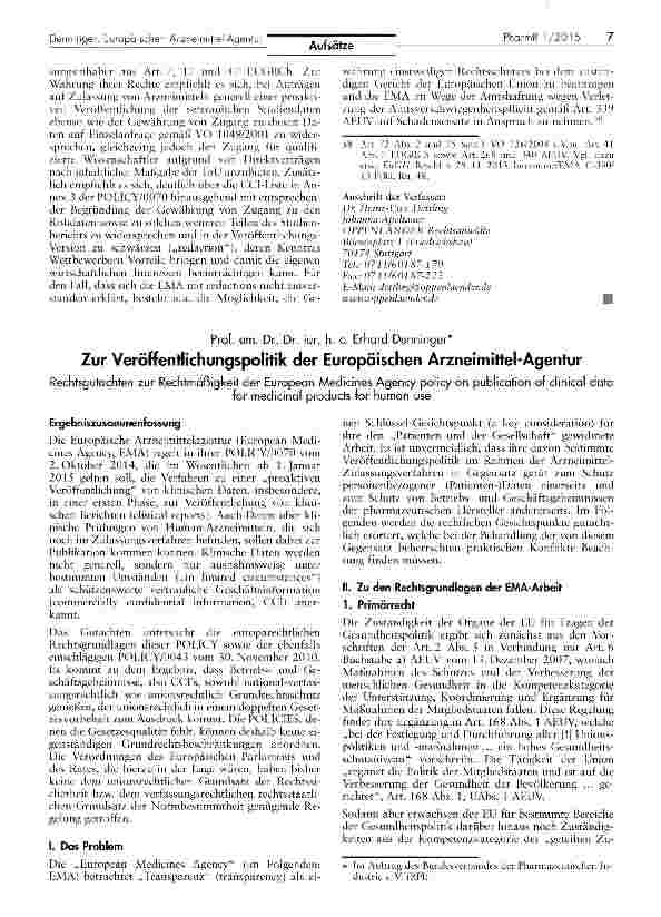 Vorschauseite 1: Zur Veröffentlichungspolitik der Europäischen Arzneimittel-Agentur