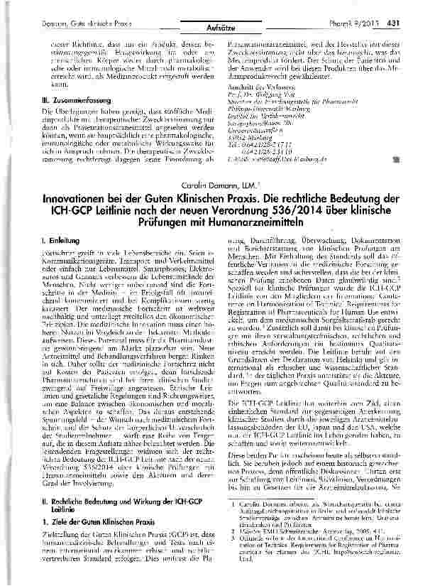Vorschauseite 1: Innovationen bei der Guten Klinischen Praxis. Die rechtliche Bedeutung der ICH-GCP Leitlinie nach der neuen Verordnung 536/2014 über klinischePrüfungen mit Humanarzneimitteln