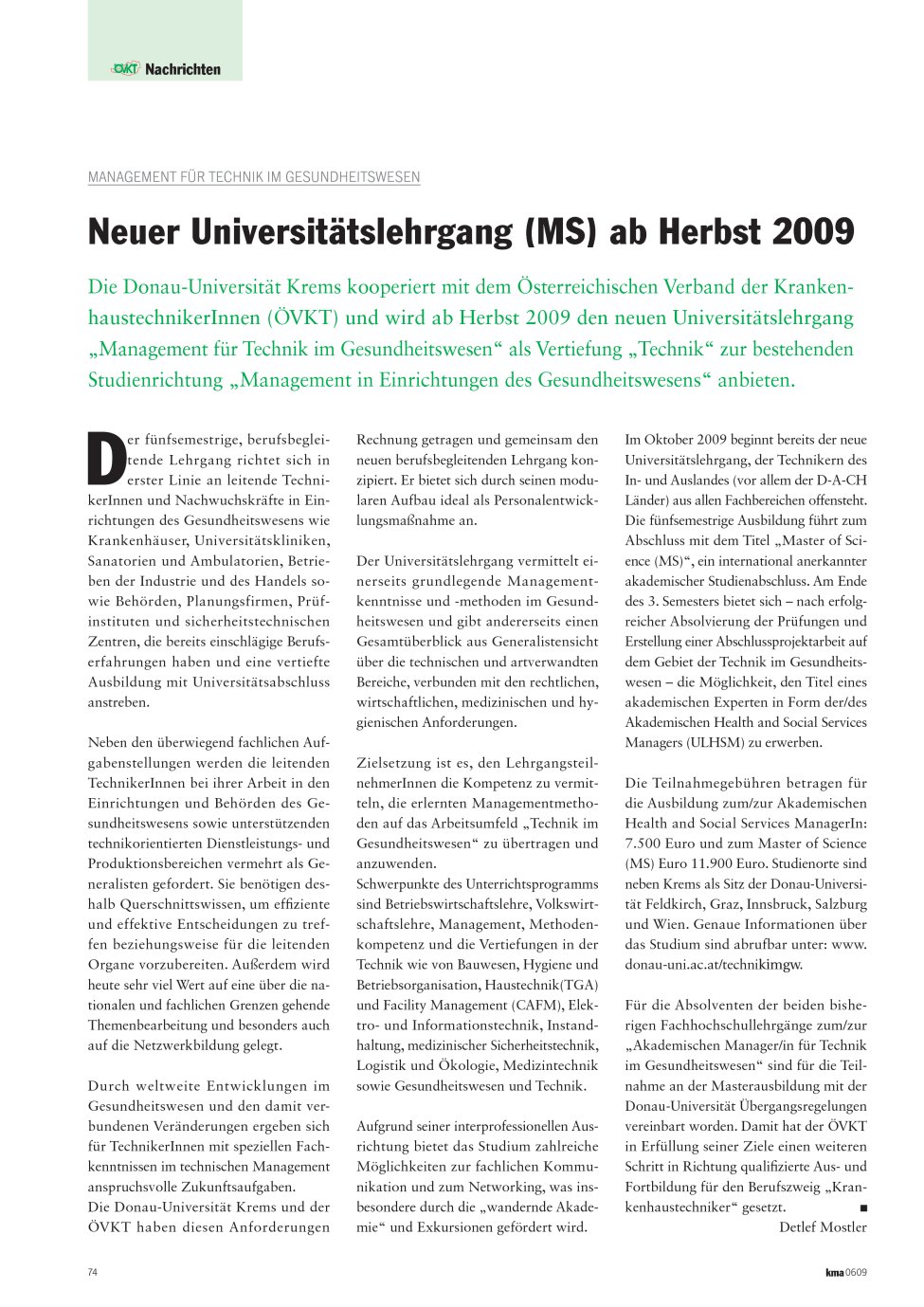 Vorschauseite 1: Neuer Universitätslehrgang (MS) ab Herbst 2009