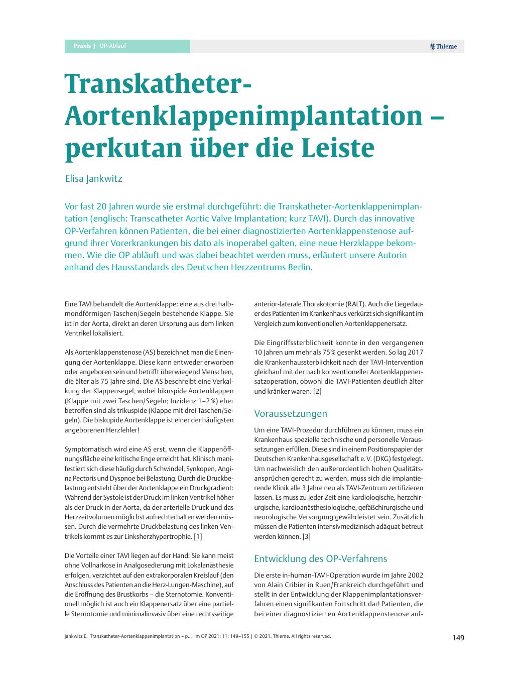 Vorschauseite 1: Transkatheter-Aortenklappenimplantation – perkutan über die Leiste