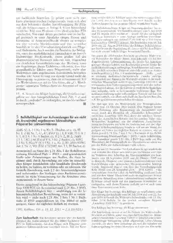 Vorschauseite 1: Beihilfefähigkeit von Aufwendungen für ein nicht als Arzneimittel zugelassenes laktasehaltiges Präparat bei Laktoseintoleranz