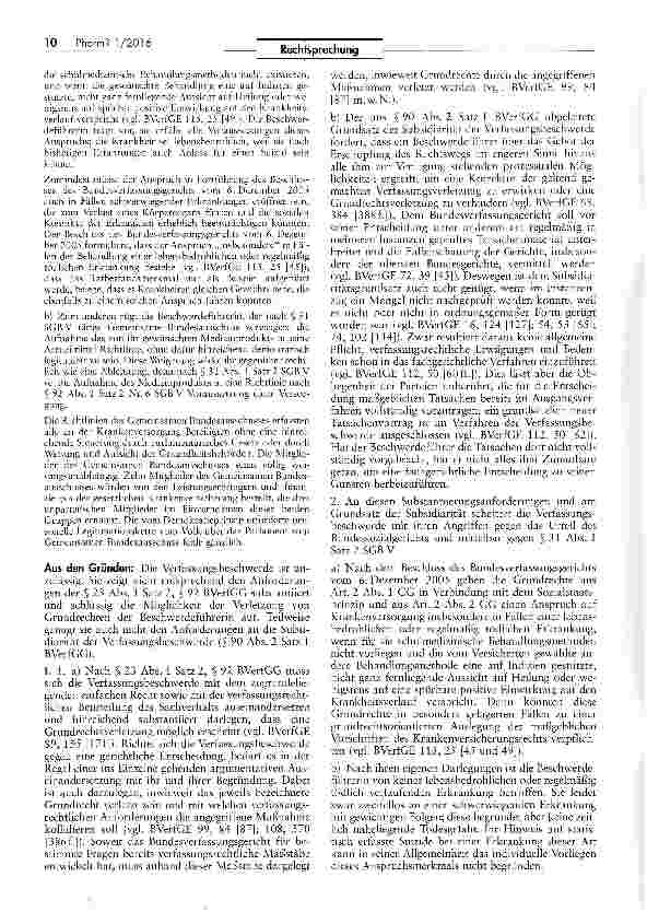 Vorschauseite 2: Unzulässige Verfassungsbeschwerde gegen Versagung von Therapiekosten SGBV§31 12 und 3