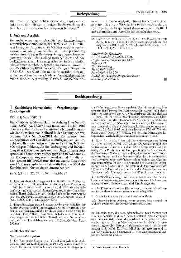 Vorschauseite 1: Kombinierte Nomenklatur Verzehrmenge Calciumgehalt