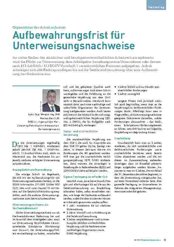 Vorschauseite 1: Organisation des Arbeitsschutzes: Aufbewahrungsfrist für Unterweisungsnachweise
