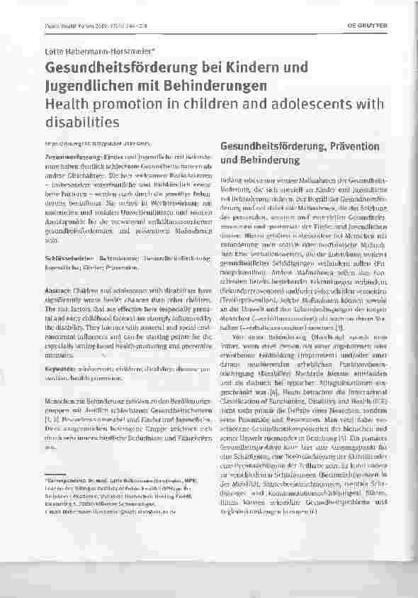 Vorschauseite 1: Gesundheitsförderung bei Kindern und Jugendlichen mit Behinderungen