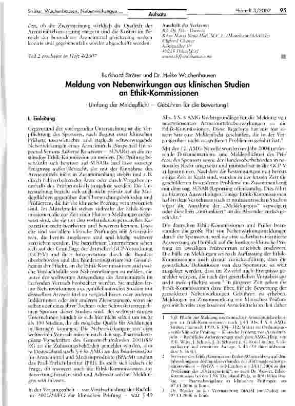 Vorschauseite 1: Meldung von Nebenwirkungen aus klinischen Studien an Ethik-Kommissionen