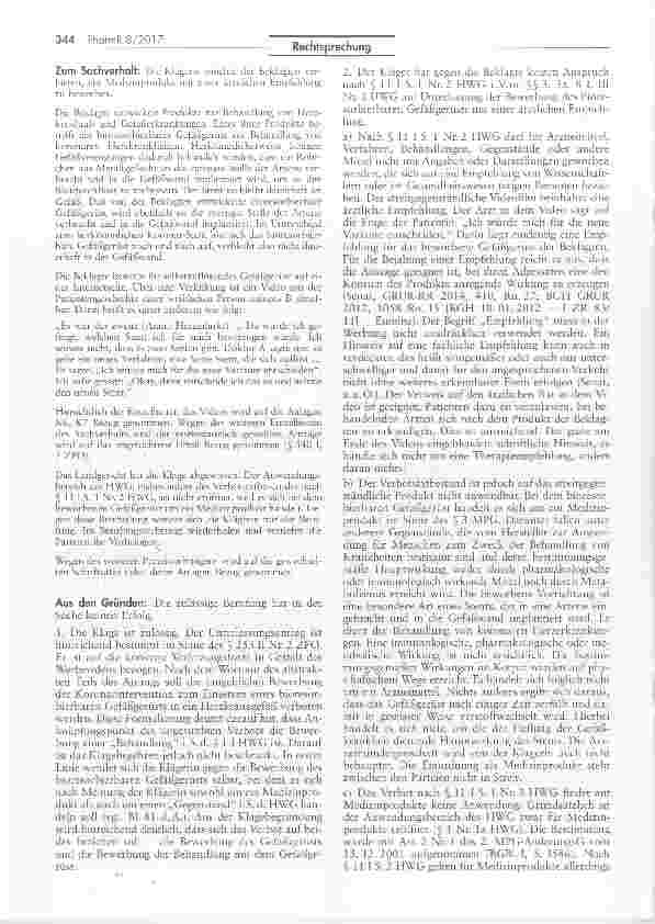Vorschauseite 2: Keine Anwendung von § 11 Abs. 1 Satz 1 Nr. 2 HWG auf Medizinprodukte (bioresorbierbaresGefäßgerüst)