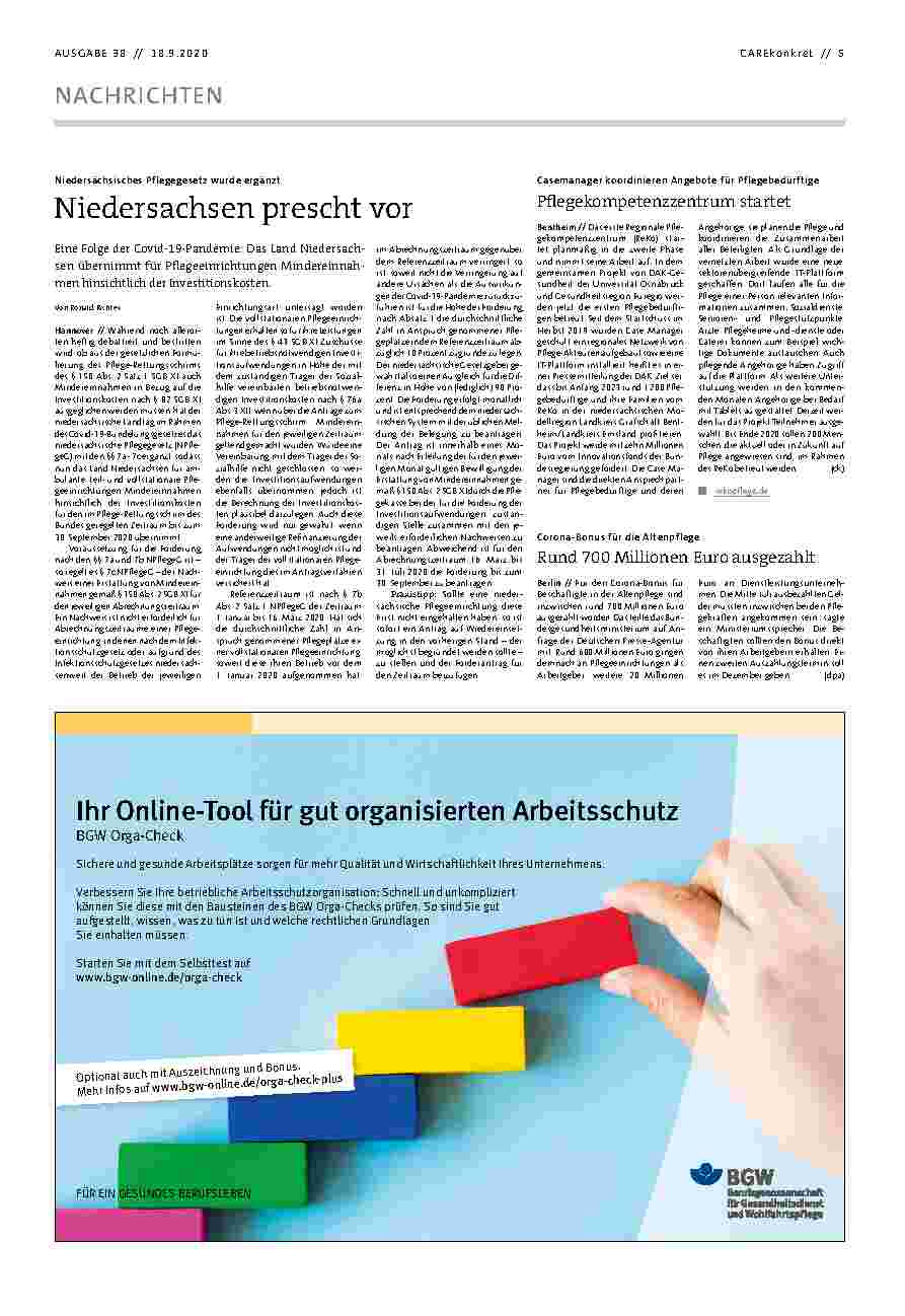 Vorschauseite 1: Niedersächsisches Pflegegesetz wurde ergänzt. Niedersachsen prescht vor.