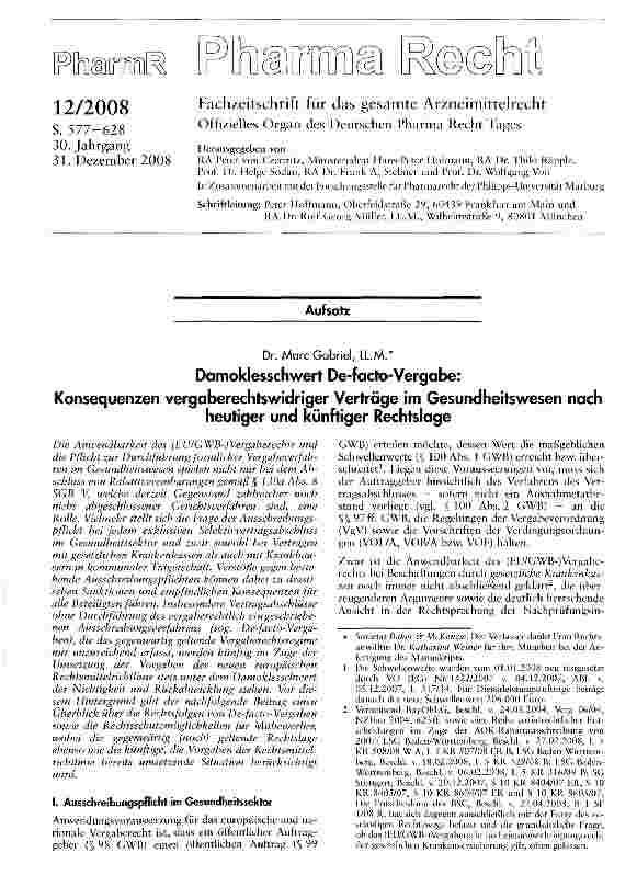 Vorschauseite 1: Damoklesschwert De-facto-Vergabe: Konsequenzen vergaberechtswidriger Verträge im Gesundheitswesen nachheutiger und künftiger Rechtslage