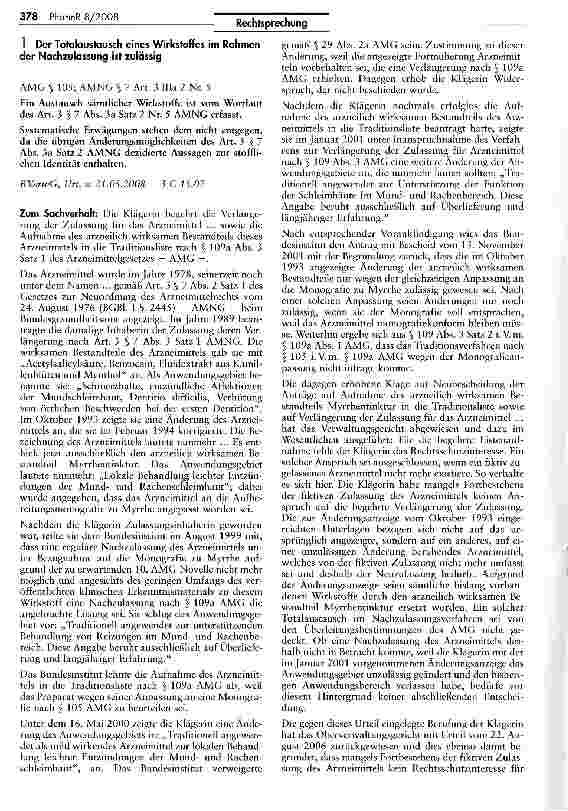 Vorschauseite 1: Der Totalaustausch eines Wirkstoffes im Rahmen der Nachzulassung ist zulässig