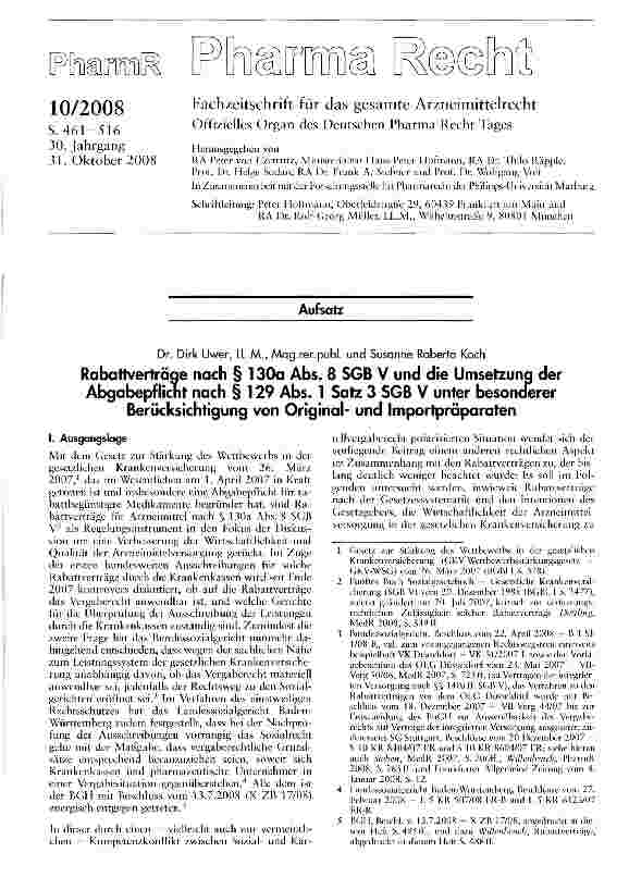 Vorschauseite 1: Rabattverträge nach § 130a Abs. 8 SGB V und die Umsetzung der Abgabepflicnt nach § 129 Abs. 1 Satz 3 SGB V unter besonderer Berücksichtigung von Originalund Importpräparaten