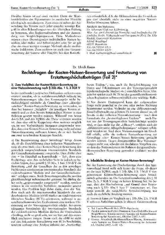 Vorschauseite 1: Rechtsfragen der Kosten-Nutzen-Bewertung und Festsetzung von Erstattungshöchstbeträgen (Teil 2)*