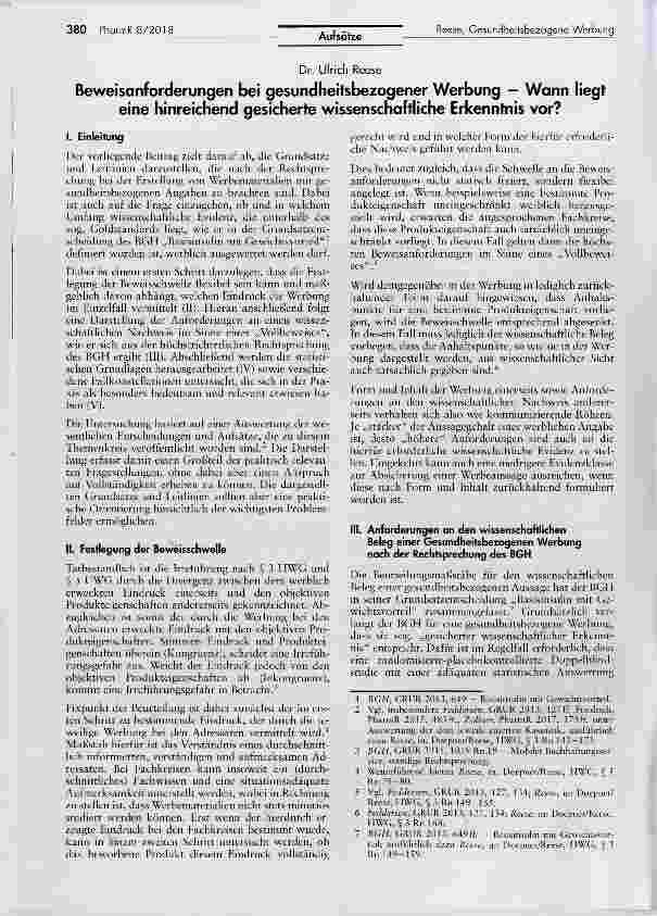 Vorschauseite 1: Beweisanforderungen bei gesundheitsbezogener Werbung Wann liegt eine hinreichend gesicherte wissenschaftliche Erkenntnis vor?