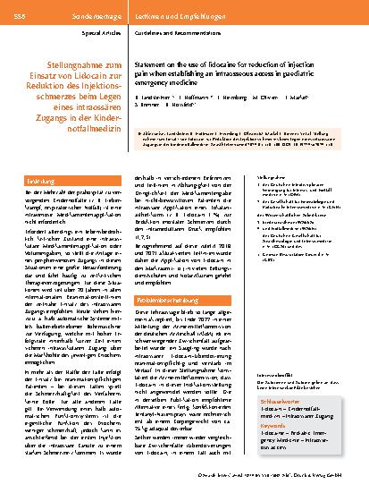 Vorschauseite 1: Stellungnahme zum Einsatz von Lidocain zur Reduktion des Injektionsschmerzes beim Legen eines intraossären Zugangs in der Kinder-Notfallmedizin.