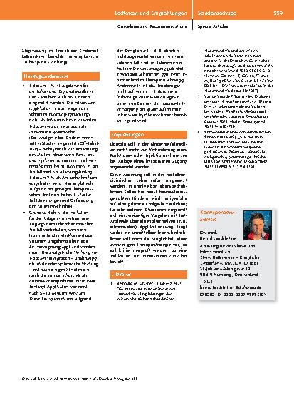Vorschauseite 2: Stellungnahme zum Einsatz von Lidocain zur Reduktion des Injektionsschmerzes beim Legen eines intraossären Zugangs in der Kinder-Notfallmedizin.