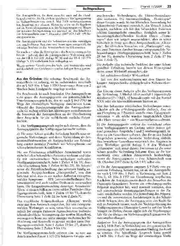 Vorschauseite 3: Patentrechtlicher Unterlassungsanspruch gemäß § 940 ZPO (Olanzapin)