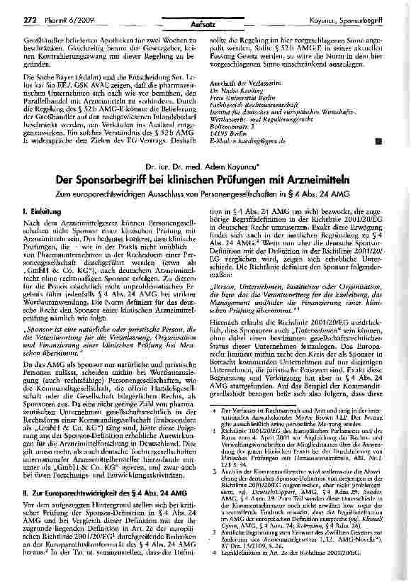 Vorschauseite 1: Der Sponsorbegriff bei klinischen Prüfungen mit Arzneimitteln