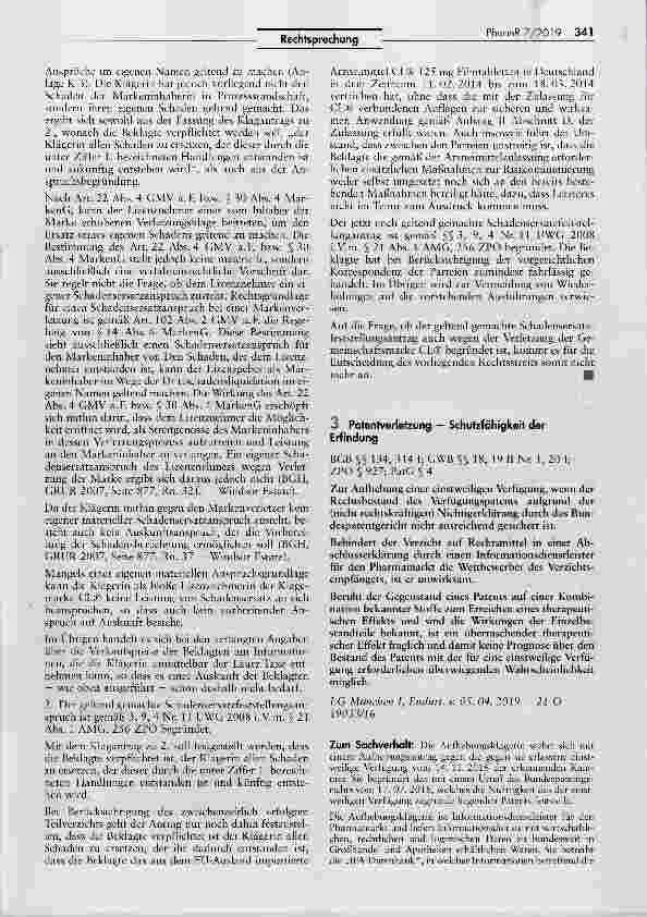 Vorschauseite 1: Patentverletzung Schutzfähigkeit der Erfindung BGB §§ 134, 314 I; GWB ZPO § 927; PatG § 4