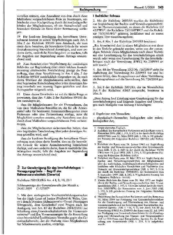 Vorschauseite 1: Zur Genehmigung für das Inverkehrbringen -Versagungsgrünae - Begriff des Referenzarzneimittels (Generics)