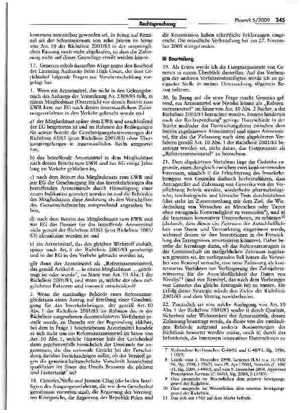Vorschauseite 3: Zur Genehmigung für das Inverkehrbringen -Versagungsgrünae - Begriff des Referenzarzneimittels (Generics)