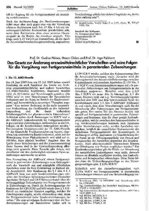 Vorschauseite 1: Das Gesetz zur Änderung arzneimittelrechtlicher Vorschriften und seine Folgen für die Vergütung von Fertigarzneimitteln in parenteralen Zubereitungen
