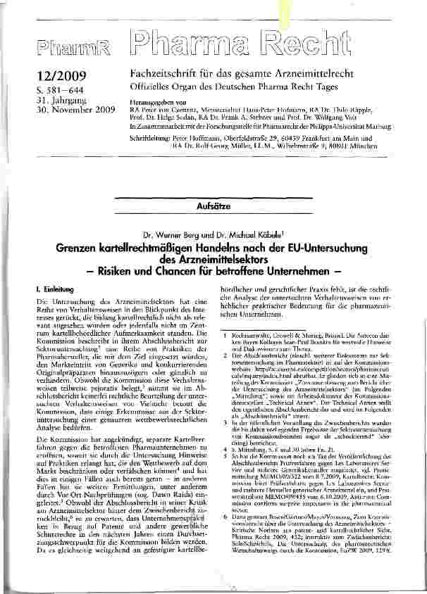 Vorschauseite 1: Grenzen kartellrechtmäßigen Handelns nach der EU-Untersuchung des Arzneimittelsektors - Risiken und Chancen für betroffene Unternehmen -