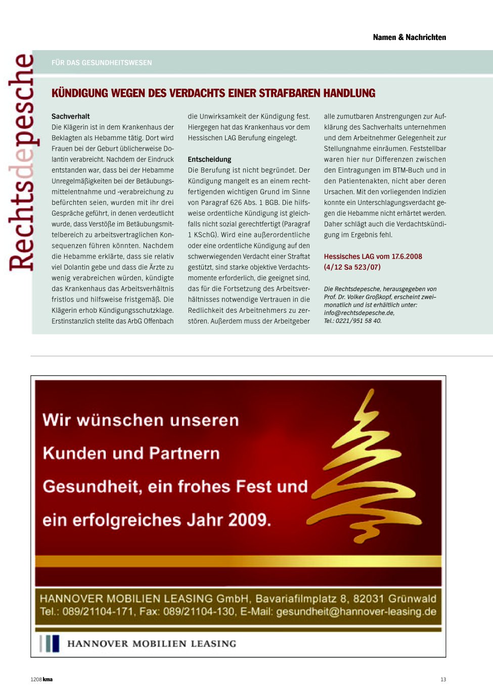 Vorschauseite 1: Kündigung wegen des Verdachts einer strafbaren Handlung
