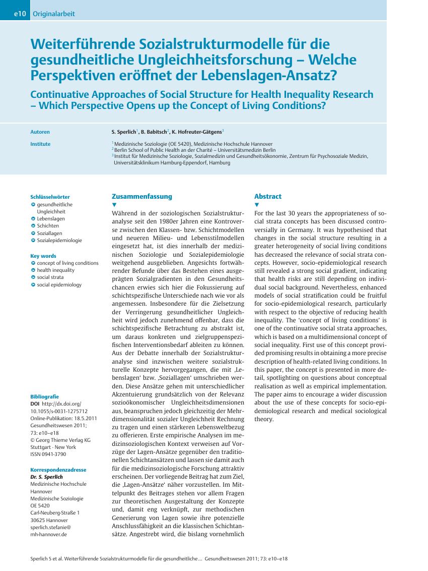 Vorschauseite 1: Weiterführende Sozialstrukturmodelle für die gesundheitliche Ungleichheitsforschung – Welche Perspektiven eröffnet der Lebenslagen-Ansatz?