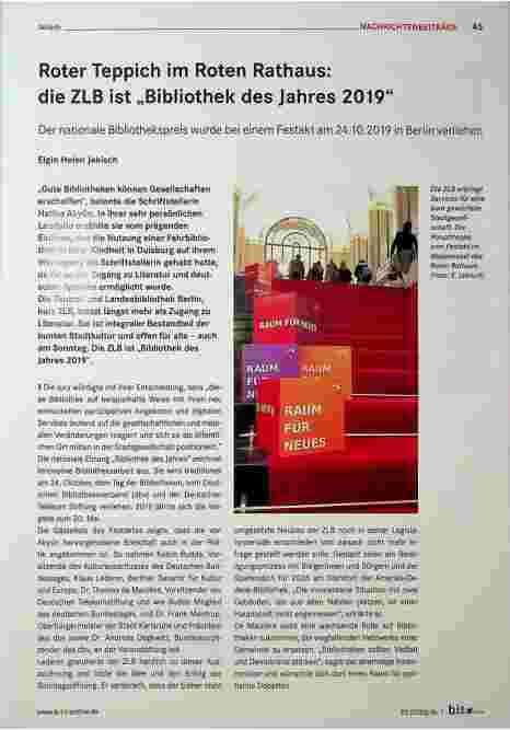 Vorschauseite 1: Roter Teppich im Roten Rathaus: die ZLB ist „Bibliothek des Jahres 2019“.