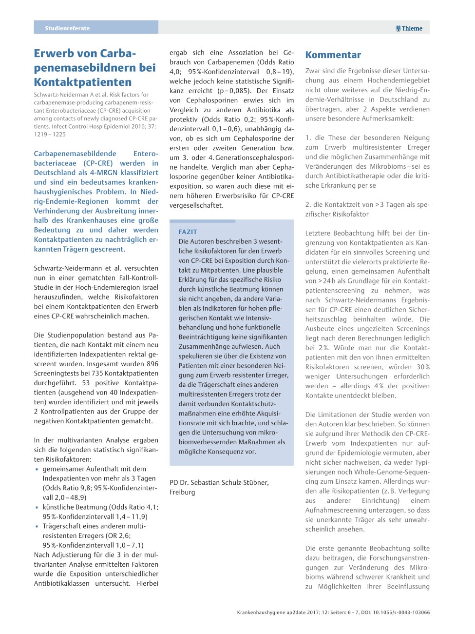 Vorschauseite 1: Erwerb von Carbapenemasebildnern bei Kontaktpatienten