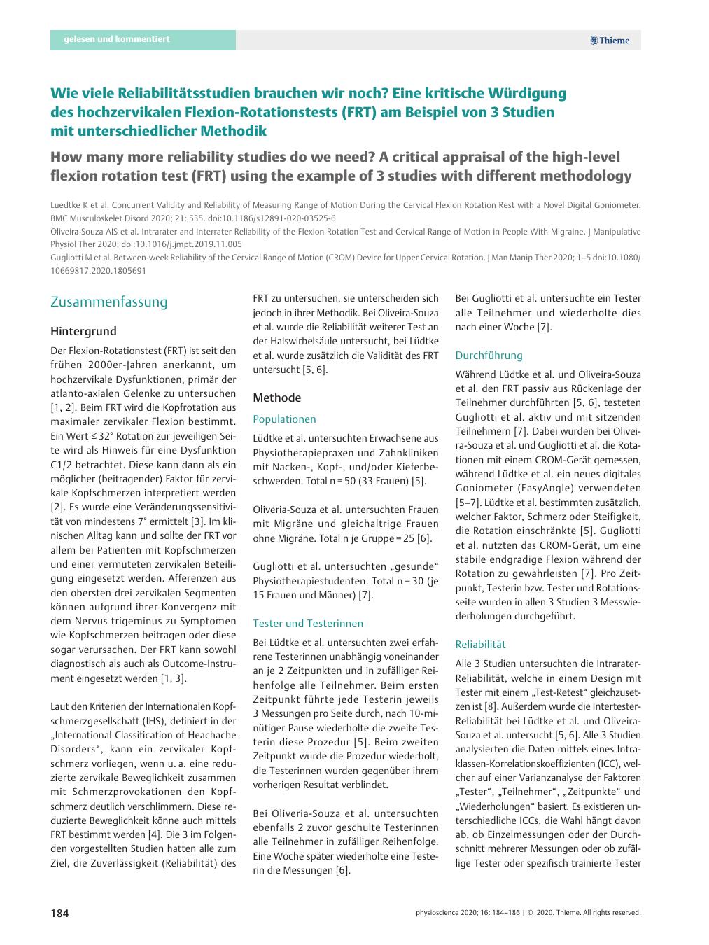 Vorschauseite 1: Wie viele Reliabilitätsstudien brauchen wir noch? Eine kritische Würdigung des hochzervikalen Flexion-Rotationstests (FRT) am Beispiel von 3 Studien mit unterschiedlicher Methodik.