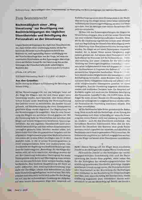 Vorschauseite 1: Zum Beamtenrecht Rechtmäßigkeit einer „Weg- Umsetzung" zur Beseitigung von Beeinträchtigungen des täglichen Dienstbetriebs und Beteiligung des Personalrats an der Umsetzung.