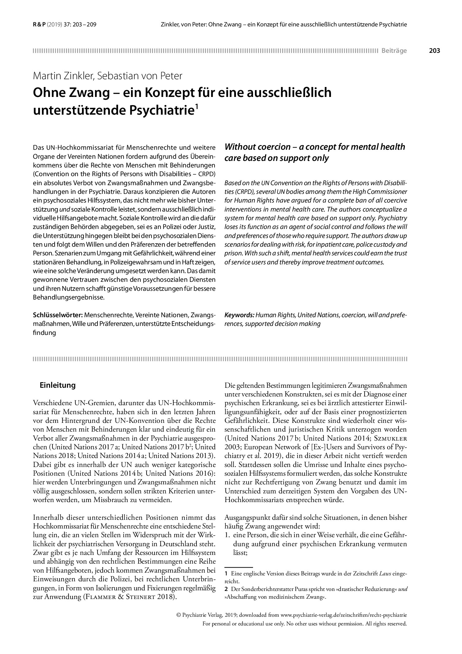 Vorschauseite 1: Ohne Zwang – ein Konzept für eine ausschließlich unterstützende Psychiatrie