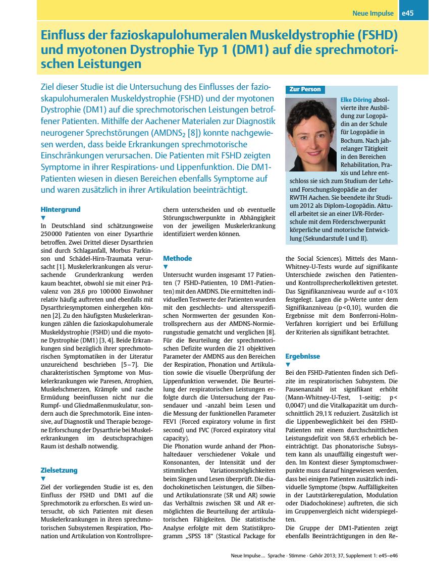 Vorschauseite 1: Einfluss der fazioskapulohumeralen Muskeldystrophie (FSHD) und myotonen Dystrophie Typ 1 (DM1) auf die sprechmotorischen Leistungen