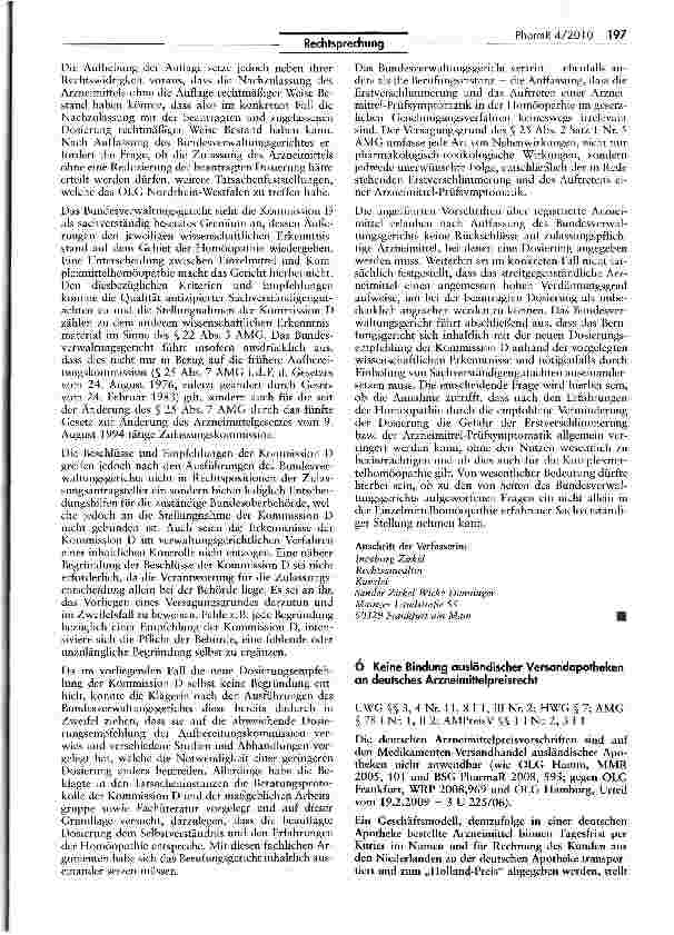 Vorschauseite 1: Keine Bindung ausländischer Versandapotheken an deutsches Arzneimittelpreisrecht