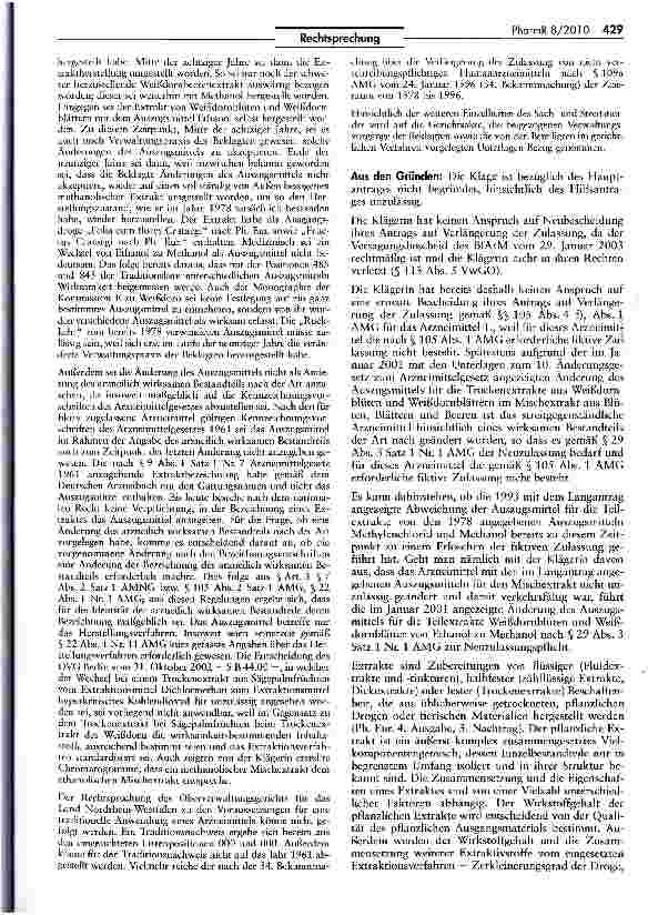 Vorschauseite 3: Jede Änderung des Anteils pflanzlicher Extrakte oder des Exktraktionsverfahrens stellt eine Wirkstoffänderung dar, die in der Regel eine Neuzulassung erfordertAMG §§ 29 III 1 Nr.…