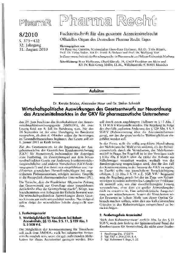 Vorschauseite 1: Wirtschaftspolitische Auswirkungen des Gesetzentwurfs zur Neuordnung des Arzneimittelmarktes in der GKV für pharmazeutische Unternehmer