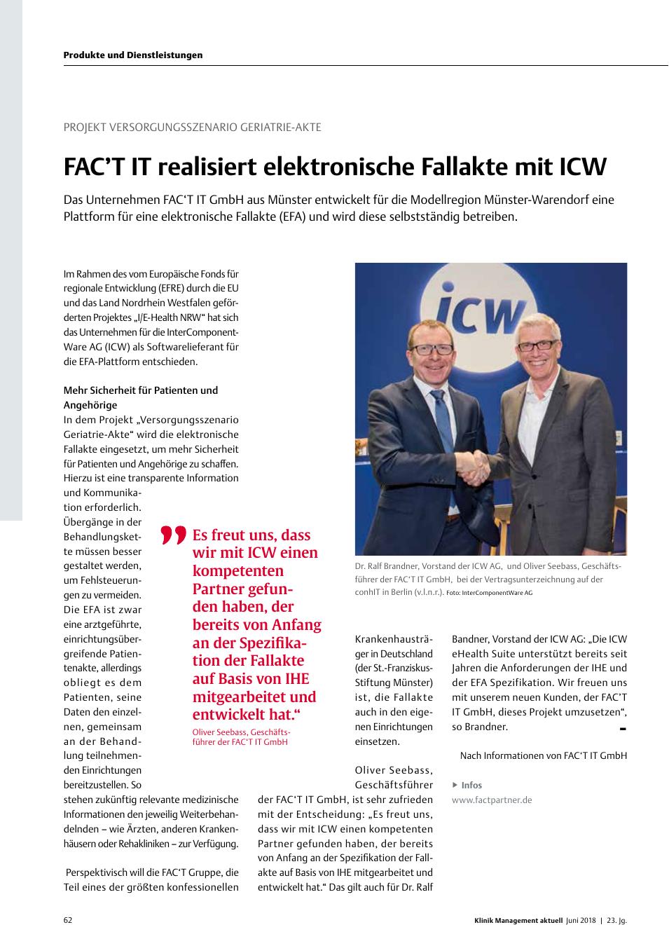 Vorschauseite 1: Projekt Versorgungsszenario Geriatrie-Akte: FAC’T IT realisiert elektronische Fallakte mit ICW