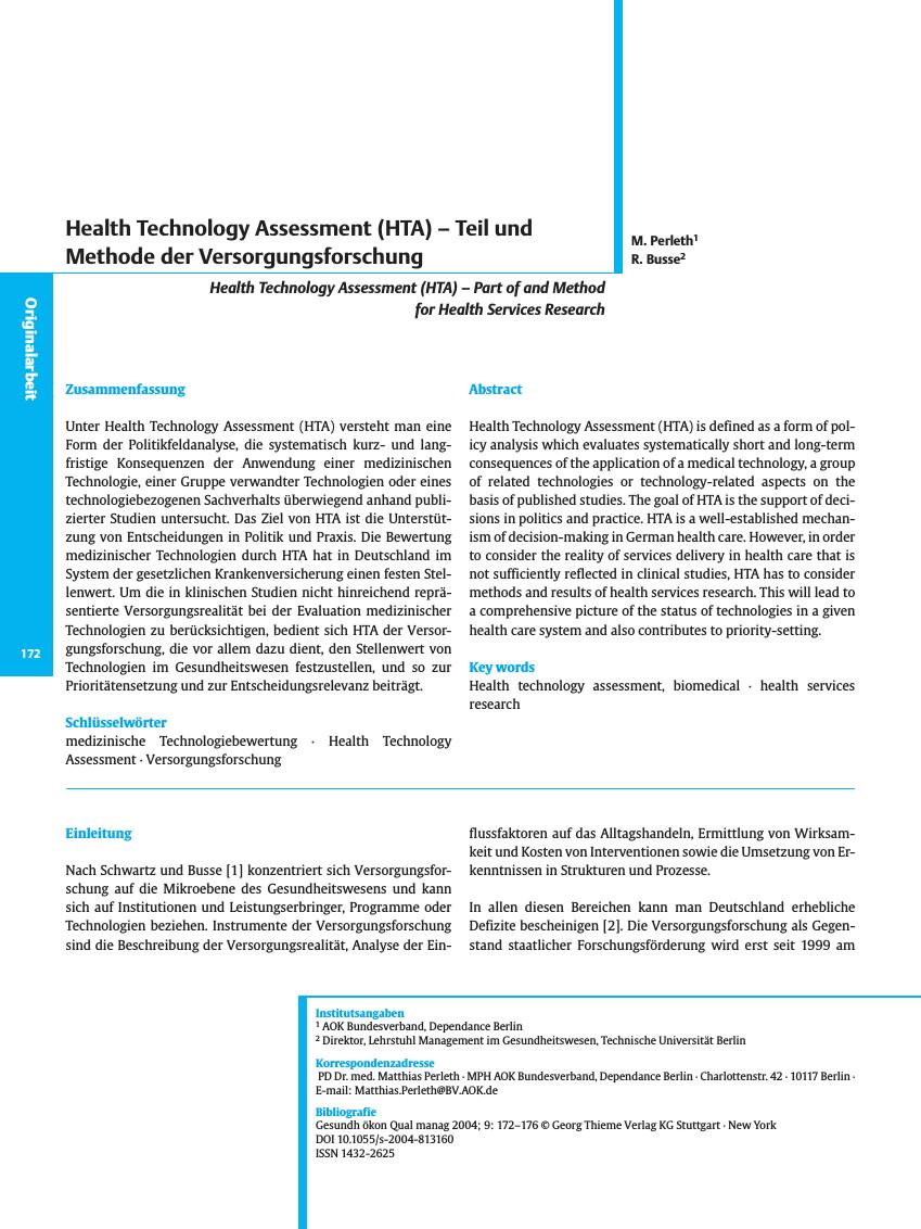 Vorschauseite 1: Health Technology Assessment (HTA) - Teil und Methode der Versorgungsforschung